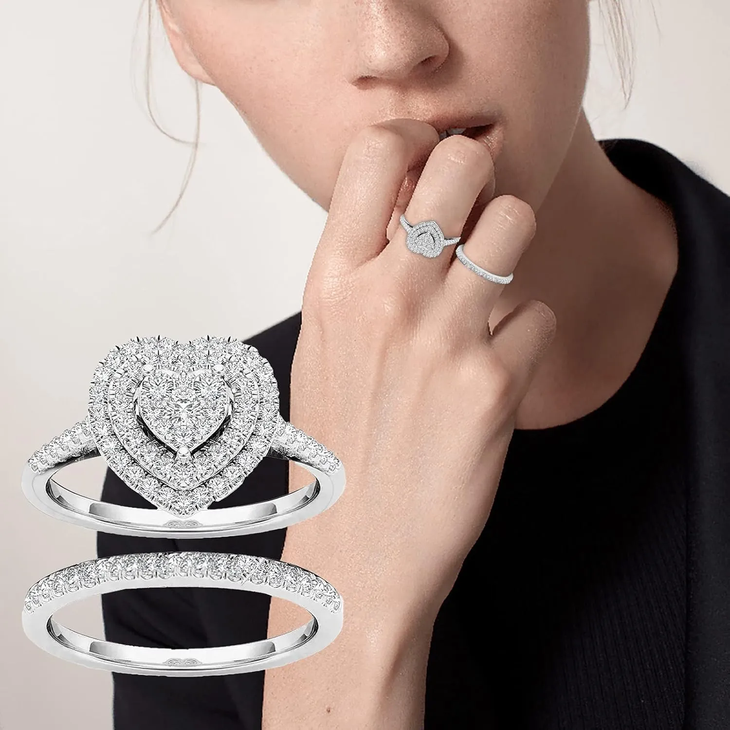 Bridal Ring Set Heart Shaped Cubic Zirconia 925 Silver 2 Piece Solitaire Wedding Engagement Ring Set For Women