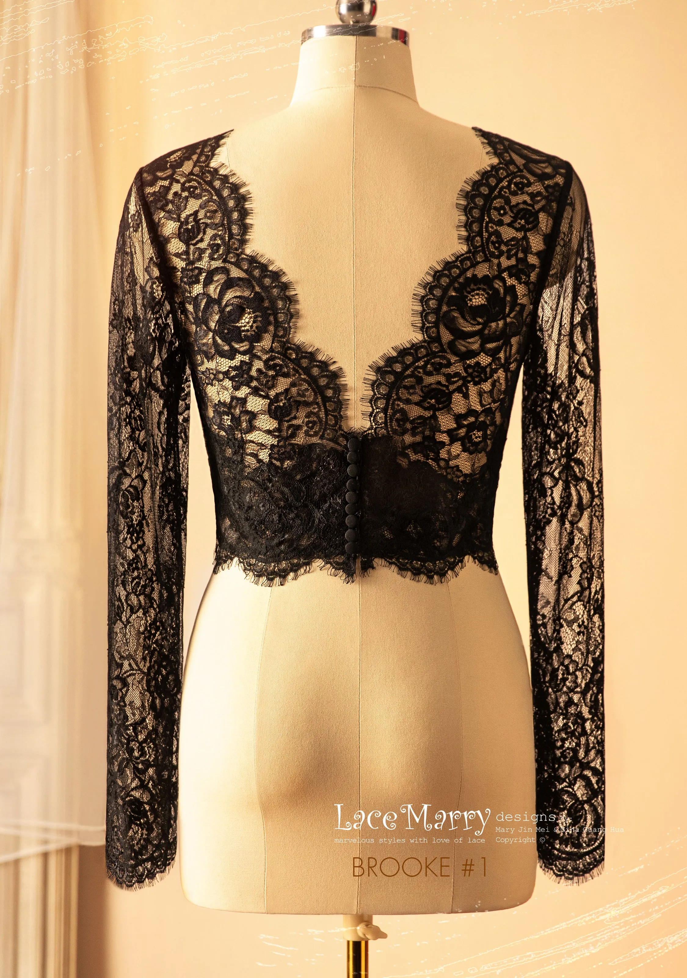 BROOKE #1 / Black Lace Bolero with Long Sleeves and V Neckline
