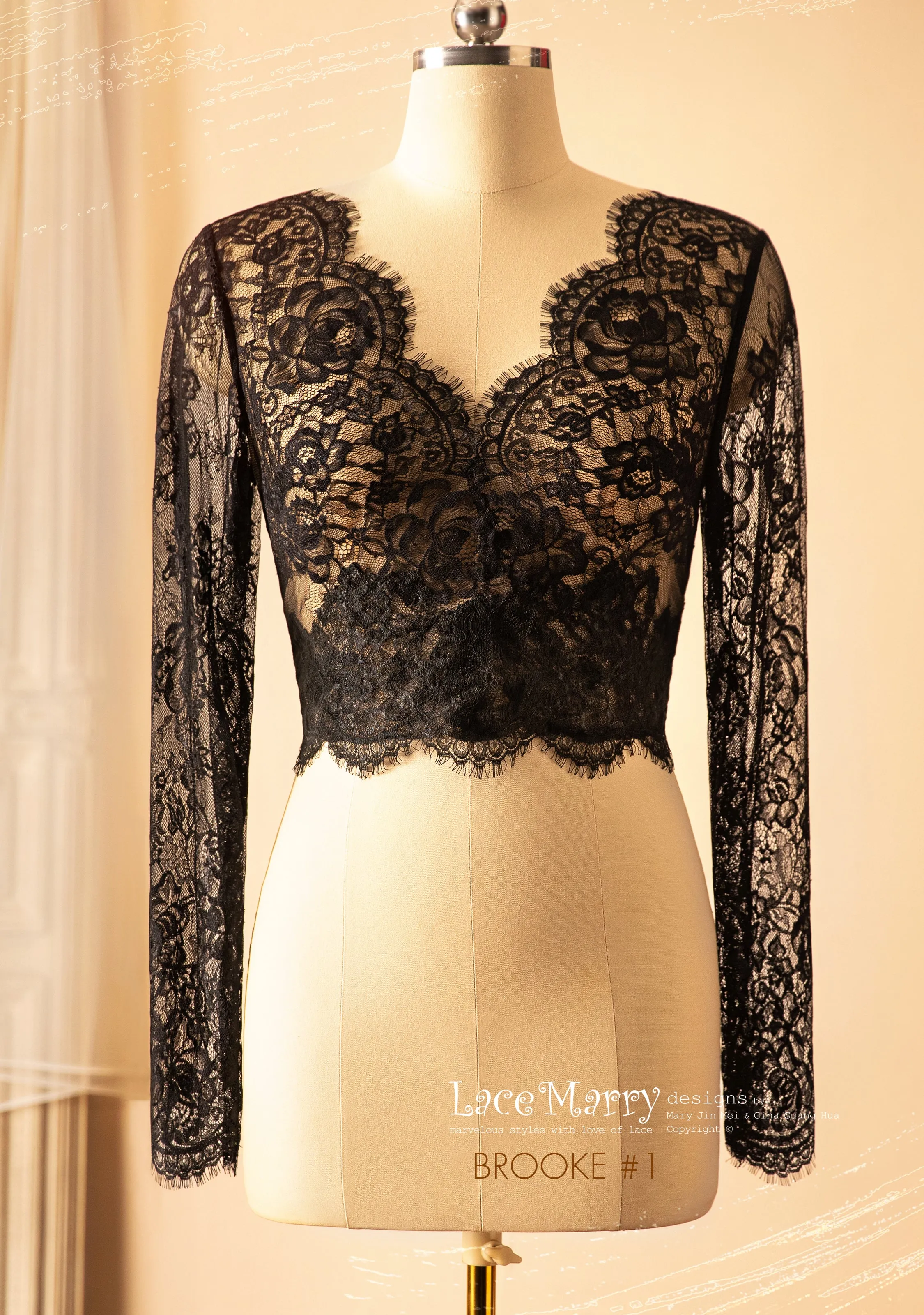 BROOKE #1 / Black Lace Bolero with Long Sleeves and V Neckline
