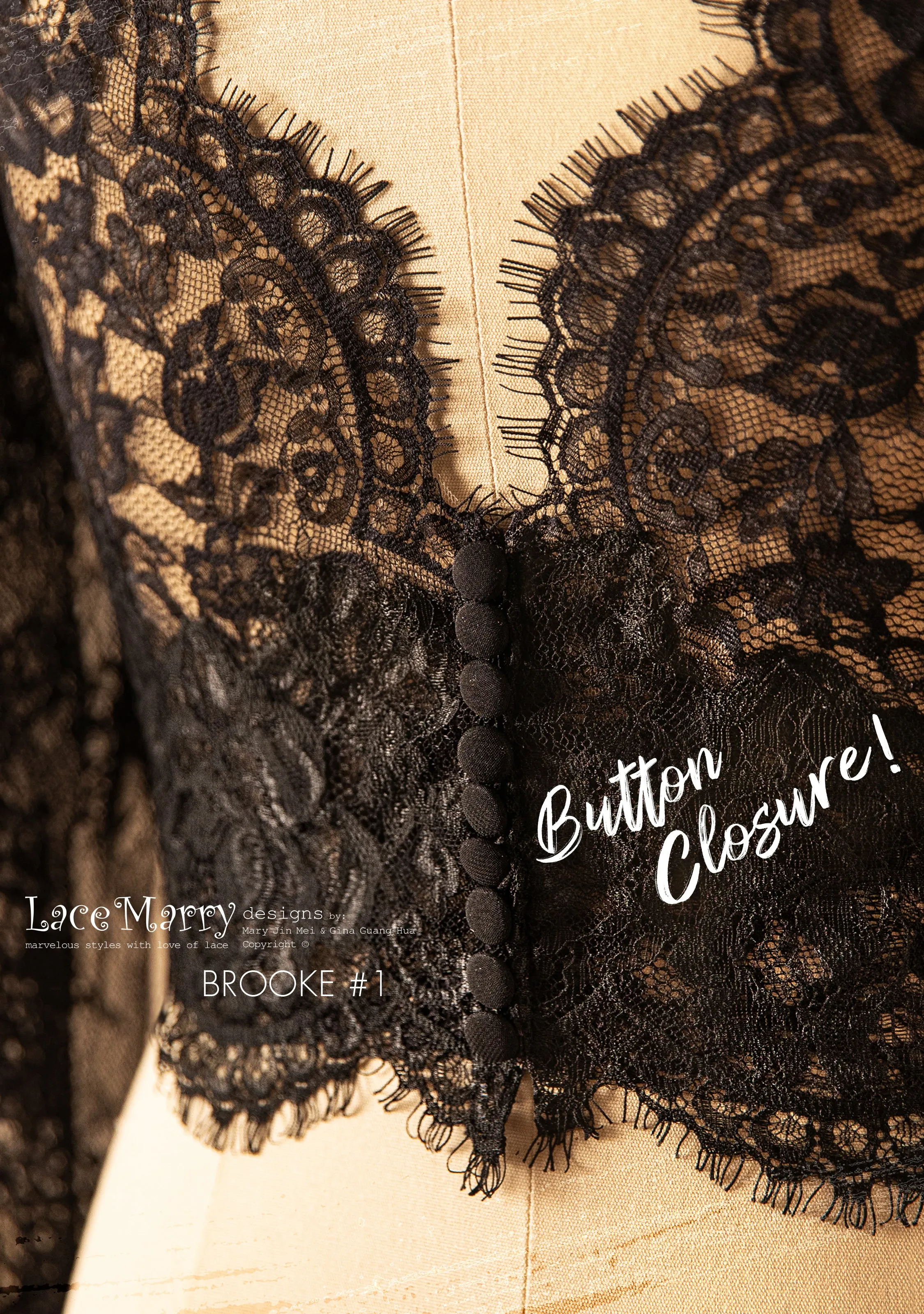BROOKE #1 / Black Lace Bolero with Long Sleeves and V Neckline