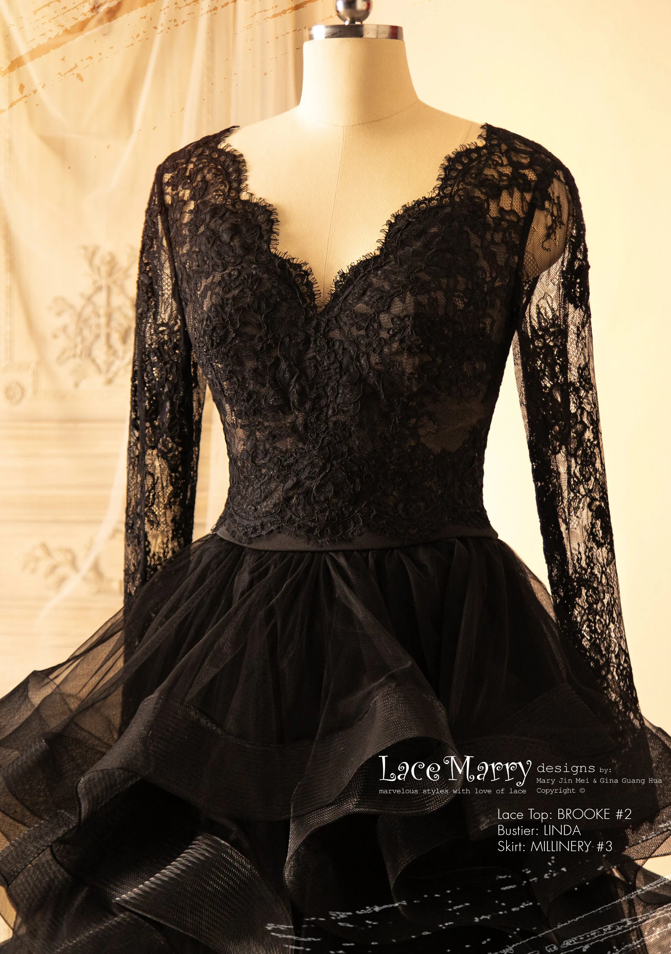 BROOKE #2 / Gothic Black Lace Bridal Bolero with Long Sleeves