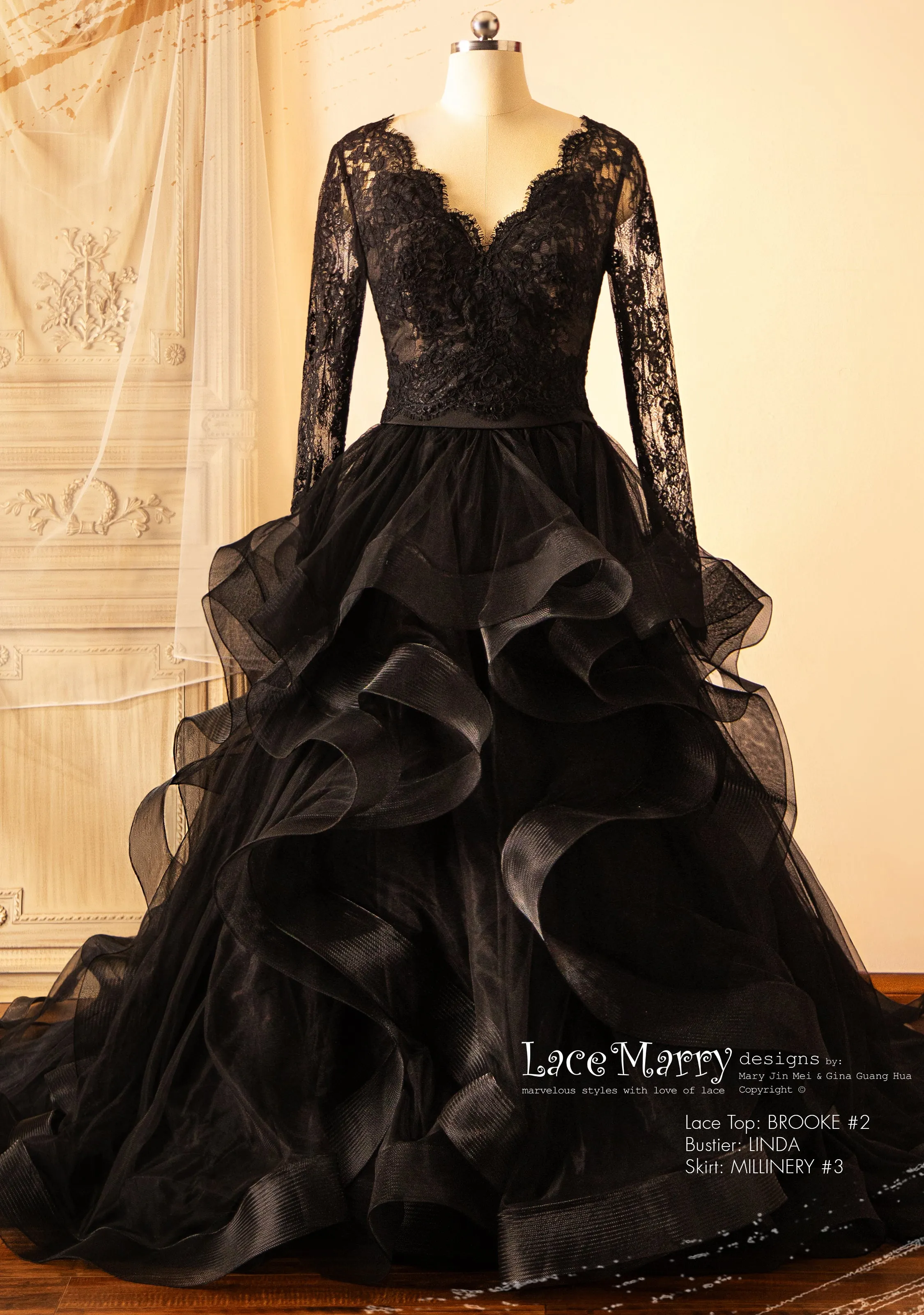 BROOKE #2 / Gothic Black Lace Bridal Bolero with Long Sleeves