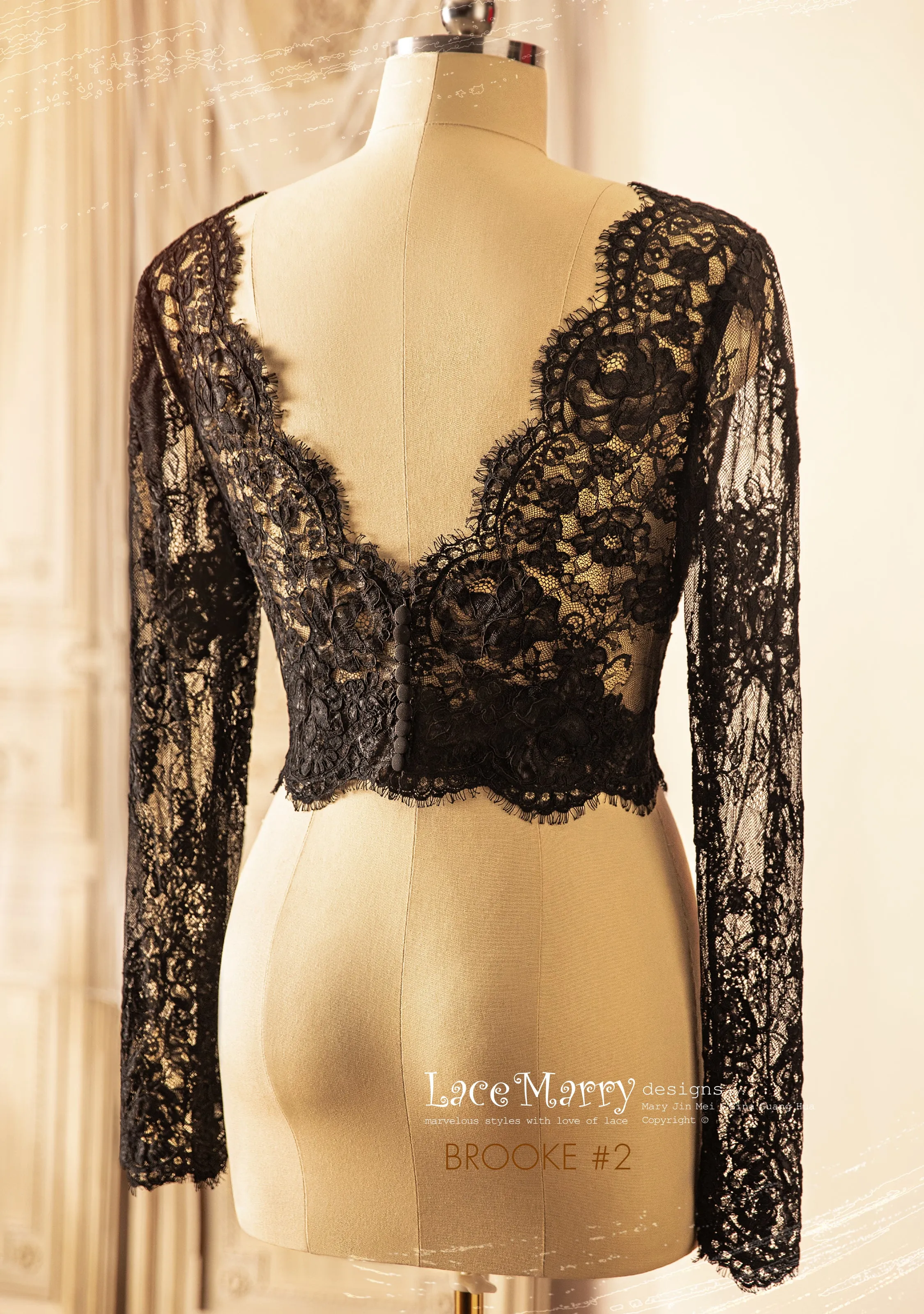 BROOKE #2 / Gothic Black Lace Bridal Bolero with Long Sleeves