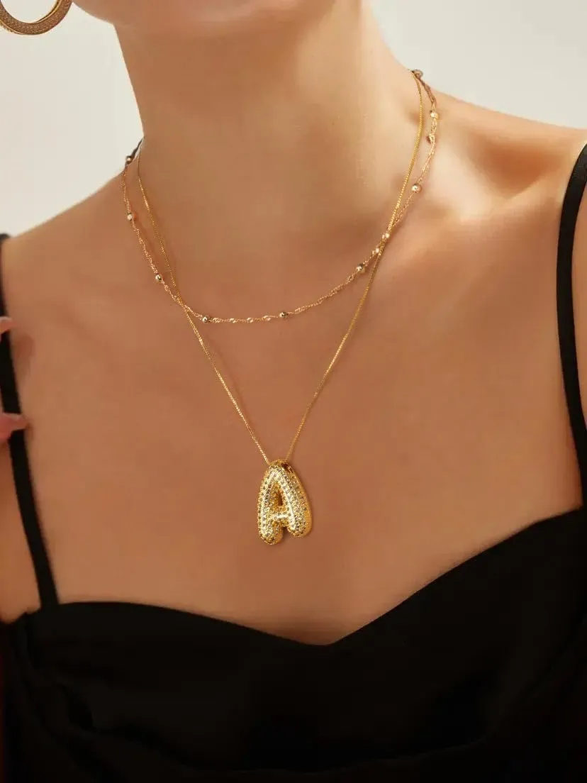Bubble Letter Necklace Gold Initial Necklaces for Women, Layered Gold Necklaces with Bollon Pendant Jewelry Gifts for Women