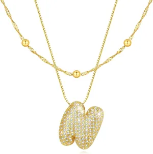 Bubble Letter Necklace Gold Initial Necklaces for Women, Layered Gold Necklaces with Bollon Pendant Jewelry Gifts for Women