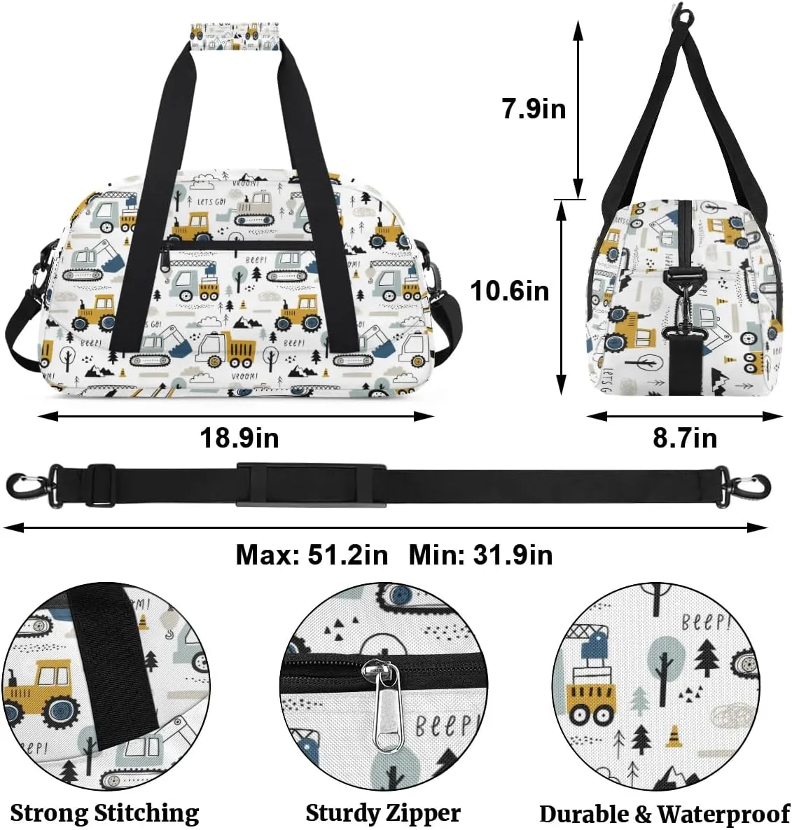 Cartoon Truck Duffle Bags for Kids,Waterproof Sports Gym Bag,Travel Weekender Overnight Bag,Foldable Gymnastics Work Out Bags Portable Gymnastics Sleepover Bags Lightweight Sports Duffel Bags