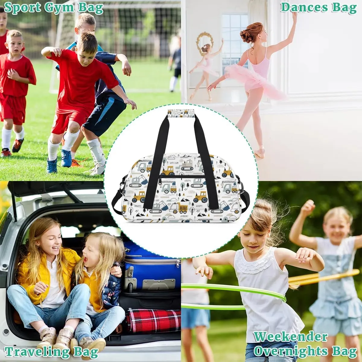 Cartoon Truck Duffle Bags for Kids,Waterproof Sports Gym Bag,Travel Weekender Overnight Bag,Foldable Gymnastics Work Out Bags Portable Gymnastics Sleepover Bags Lightweight Sports Duffel Bags