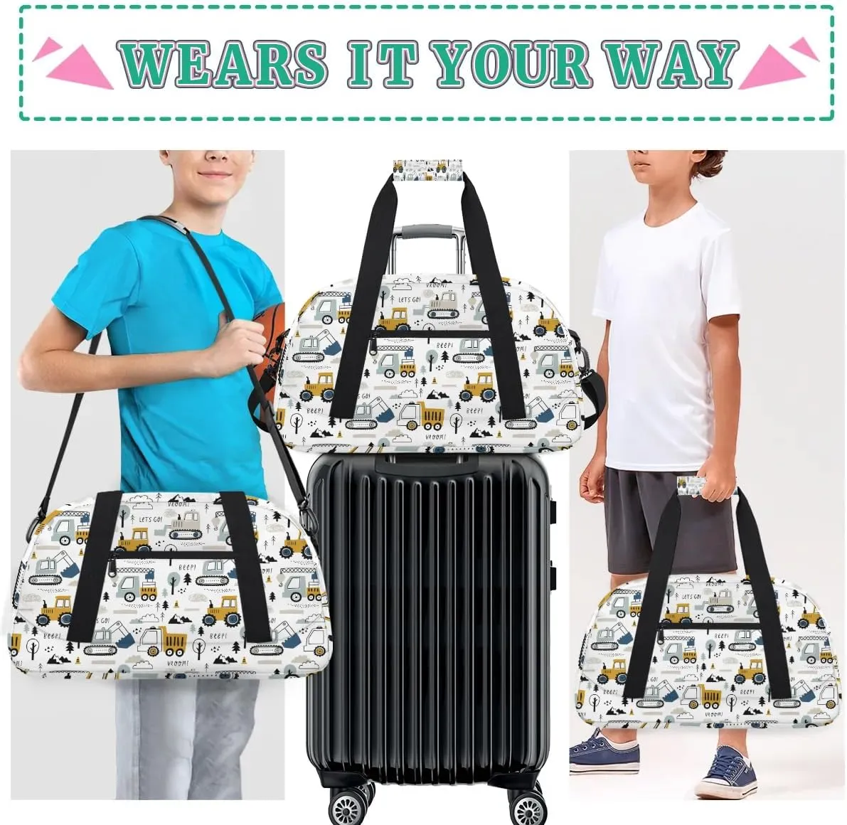 Cartoon Truck Duffle Bags for Kids,Waterproof Sports Gym Bag,Travel Weekender Overnight Bag,Foldable Gymnastics Work Out Bags Portable Gymnastics Sleepover Bags Lightweight Sports Duffel Bags