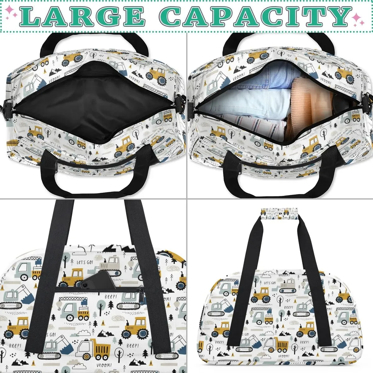 Cartoon Truck Duffle Bags for Kids,Waterproof Sports Gym Bag,Travel Weekender Overnight Bag,Foldable Gymnastics Work Out Bags Portable Gymnastics Sleepover Bags Lightweight Sports Duffel Bags