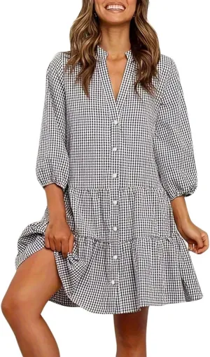 CHARTOU Summer Shirt Dress for Women Plaid Gingham 3/4 Sleeve Button Down Flowy Midi Dress