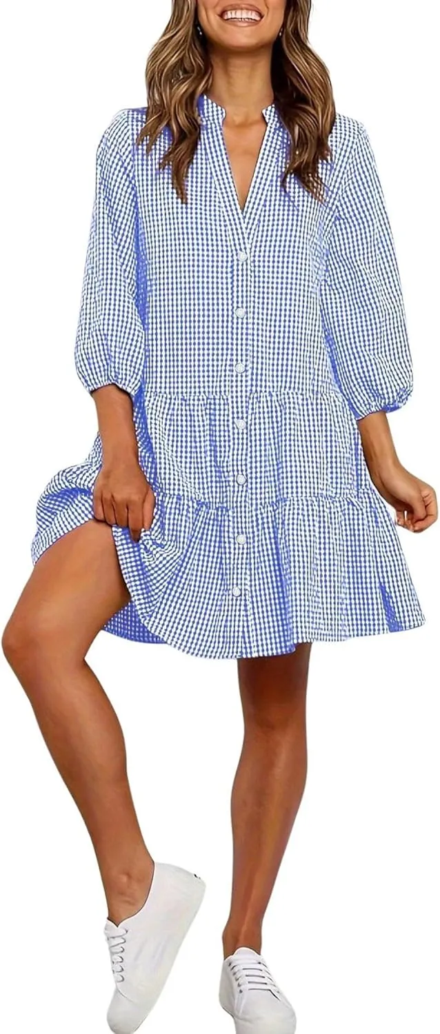 CHARTOU Summer Shirt Dress for Women Plaid Gingham 3/4 Sleeve Button Down Flowy Midi Dress