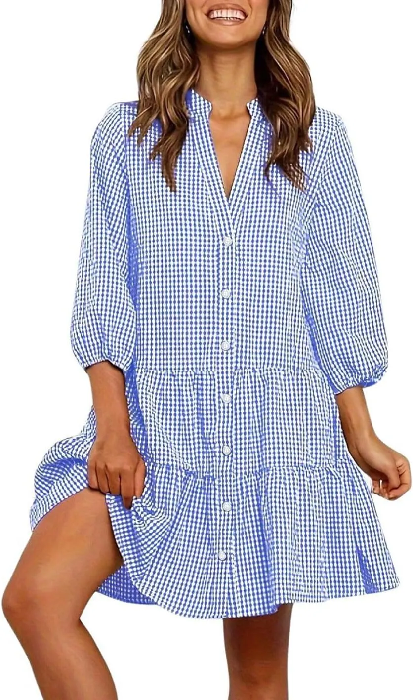 CHARTOU Summer Shirt Dress for Women Plaid Gingham 3/4 Sleeve Button Down Flowy Midi Dress