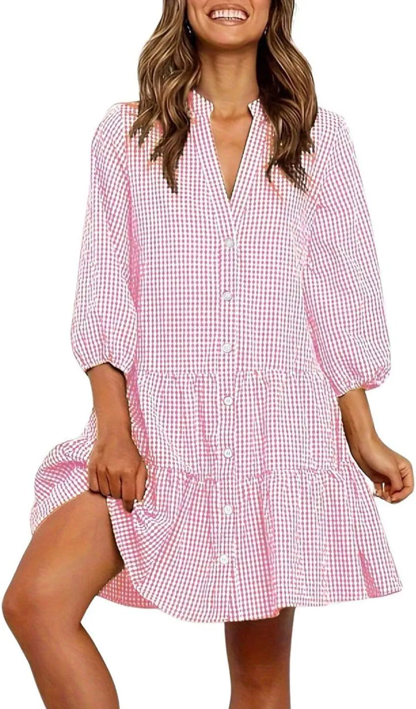 CHARTOU Summer Shirt Dress for Women Plaid Gingham 3/4 Sleeve Button Down Flowy Midi Dress