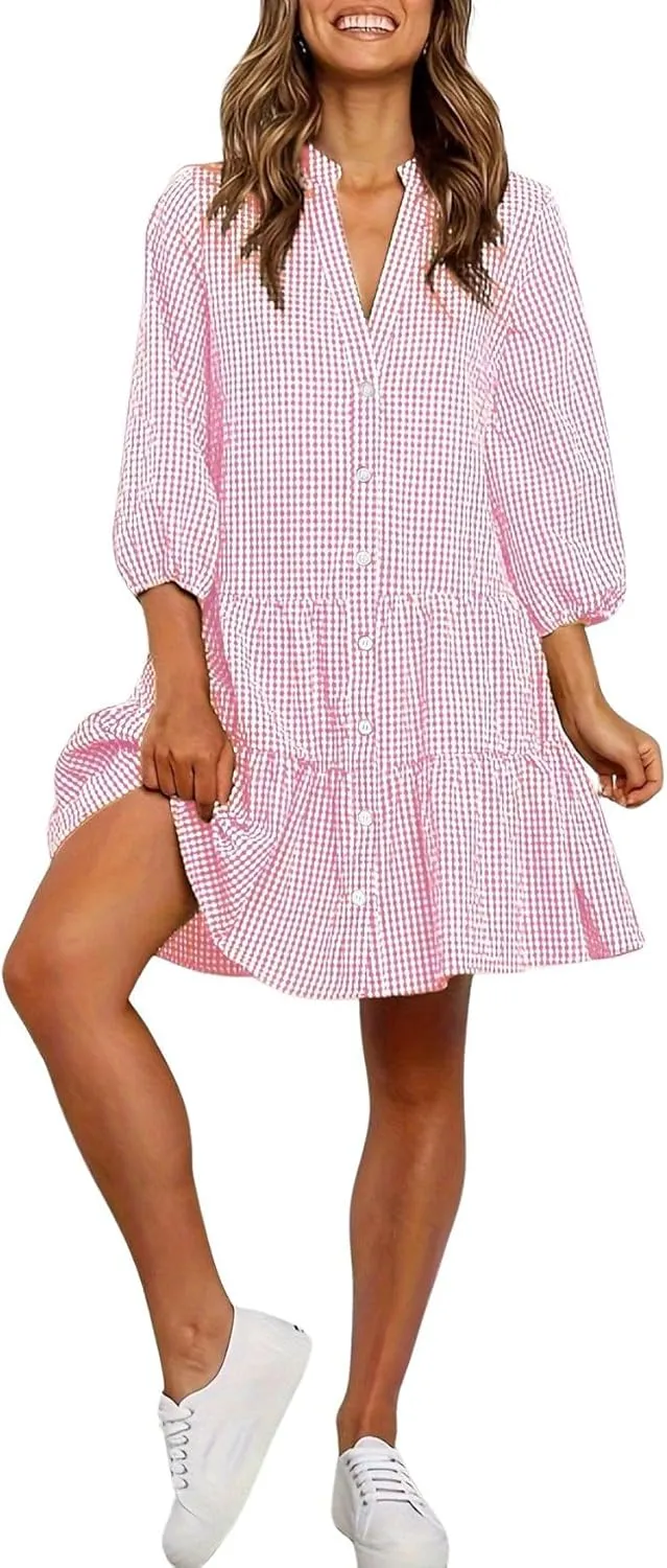 CHARTOU Summer Shirt Dress for Women Plaid Gingham 3/4 Sleeve Button Down Flowy Midi Dress
