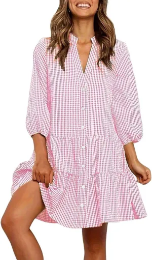 CHARTOU Summer Shirt Dress for Women Plaid Gingham 3/4 Sleeve Button Down Flowy Midi Dress