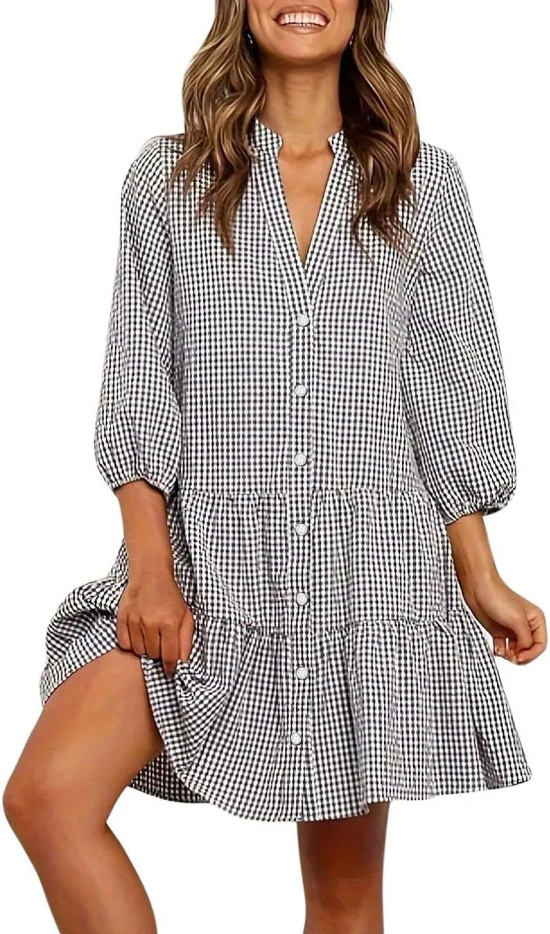CHARTOU Summer Shirt Dress for Women Plaid Gingham 3/4 Sleeve Button Down Flowy Midi Dress