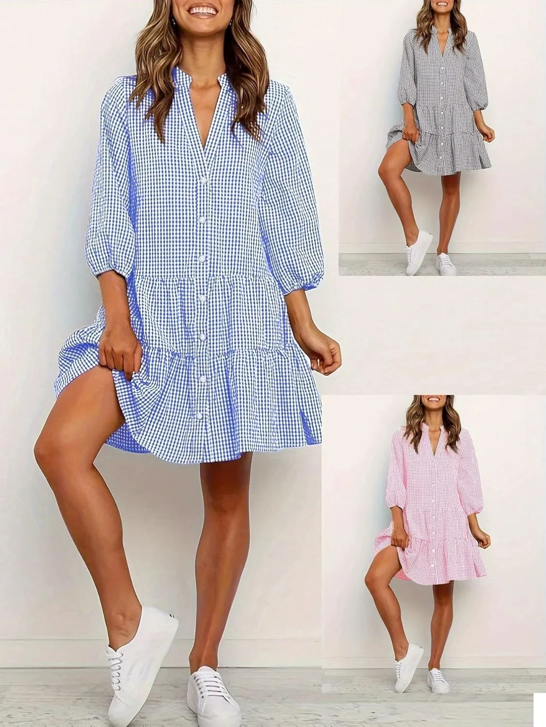 CHARTOU Summer Shirt Dress for Women Plaid Gingham 3/4 Sleeve Button Down Flowy Midi Dress