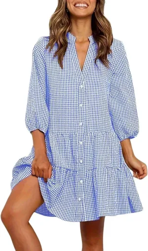 CHARTOU Summer Shirt Dress for Women Plaid Gingham 3/4 Sleeve Button Down Flowy Midi Dress