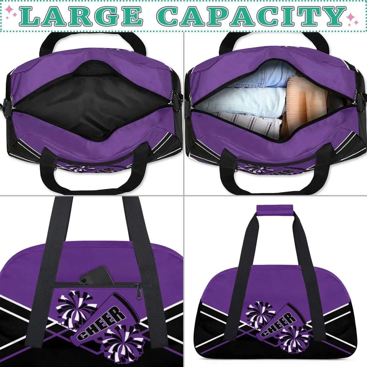Cheer Kid Duffel Bag Collapsible Sports Gym Bags Travel Weekender Overnight Bag for Girls Boys Personalized Gymnastics Sleepover Bag Purple Black