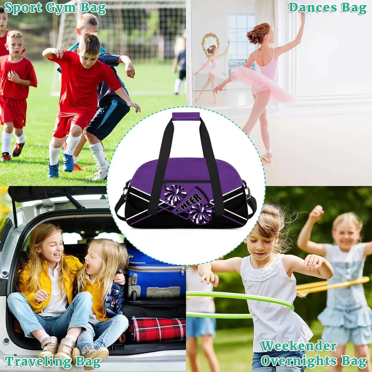 Cheer Kid Duffel Bag Collapsible Sports Gym Bags Travel Weekender Overnight Bag for Girls Boys Personalized Gymnastics Sleepover Bag Purple Black