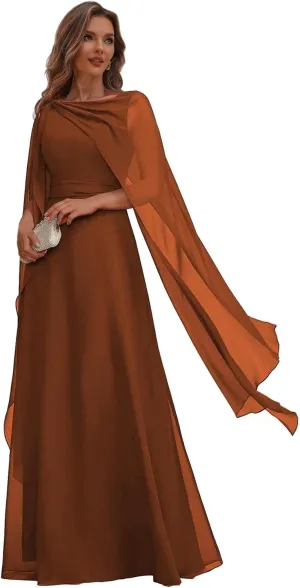 Chiffon Mother of The Bride Dresses for Wedding Corset Long Formal Evening Dress with Cape
