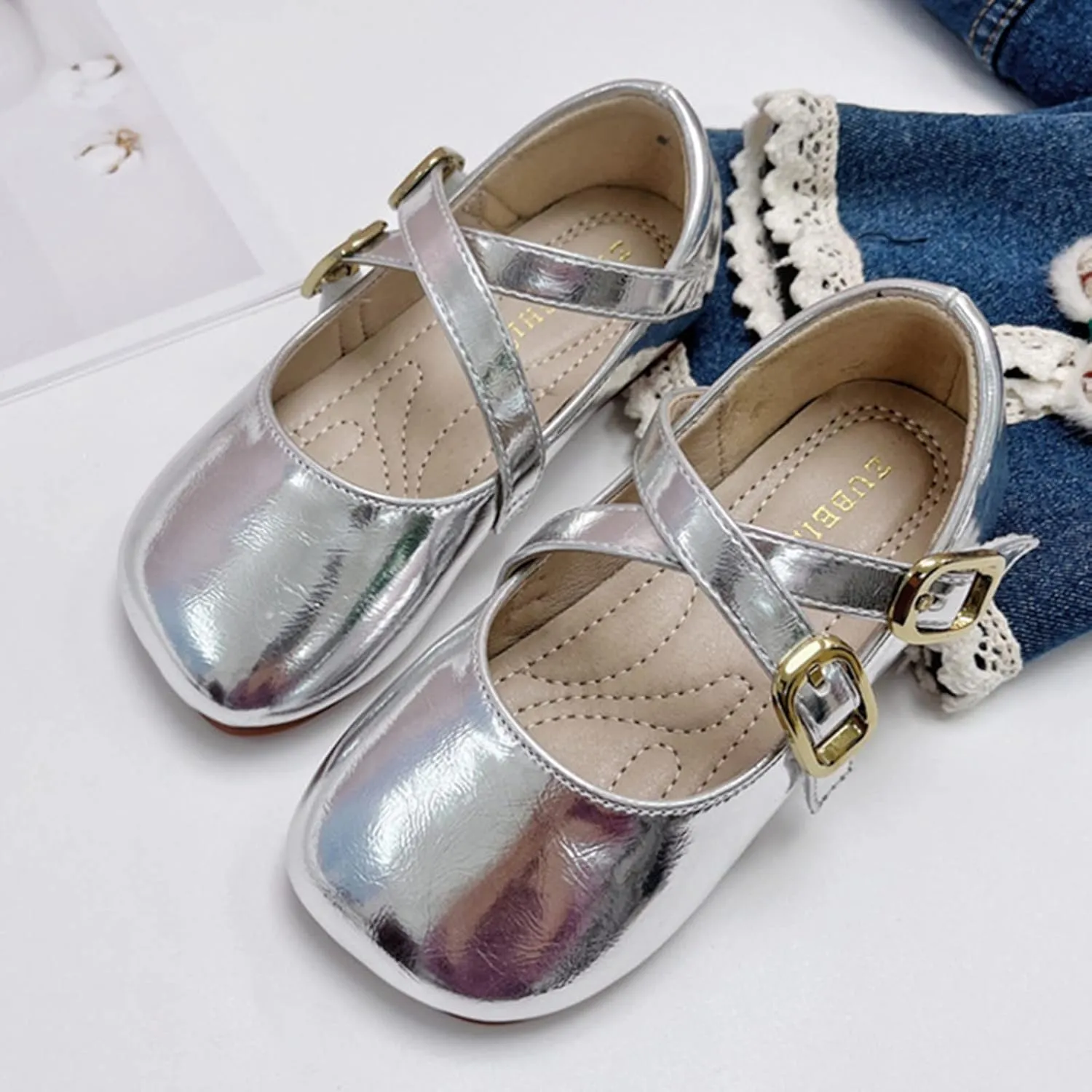 Children Shoes Fashion Leather Single Shoes Comfortable Soft Sole Single Shoes Kids Lightweight Shoes (Silver, 3.5-4 Years Toddler)