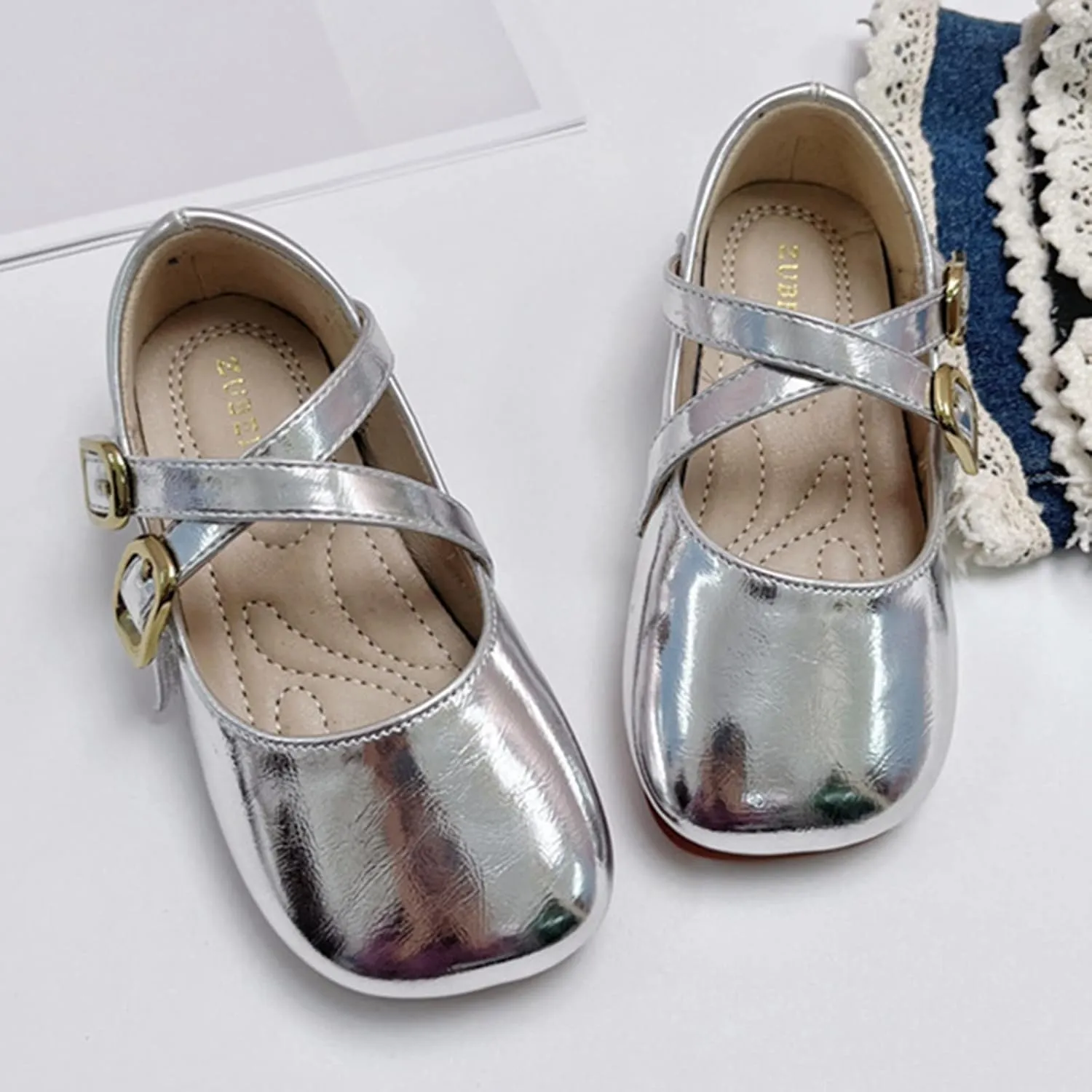 Children Shoes Fashion Leather Single Shoes Comfortable Soft Sole Single Shoes Kids Lightweight Shoes (Silver, 3.5-4 Years Toddler)
