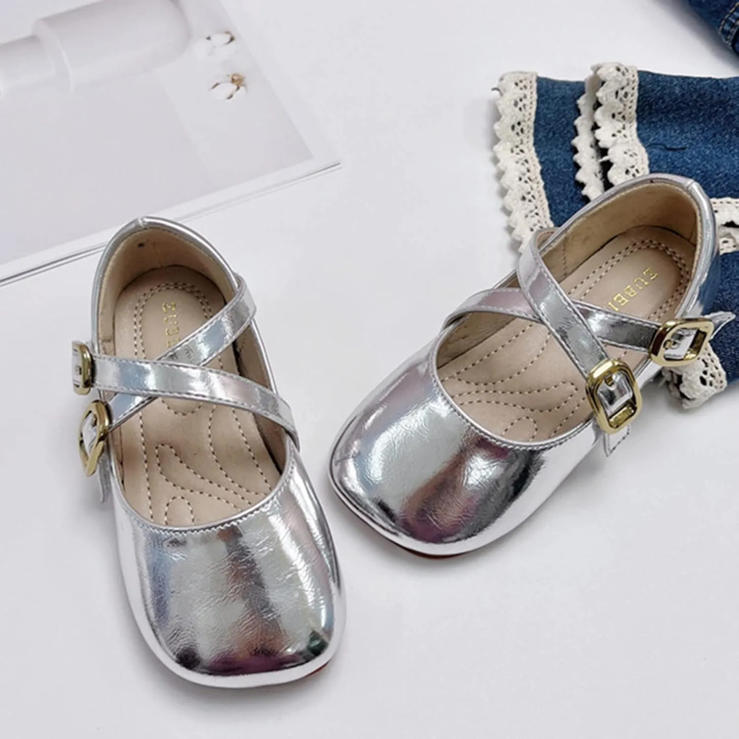 Children Shoes Fashion Leather Single Shoes Comfortable Soft Sole Single Shoes Kids Lightweight Shoes (Silver, 3.5-4 Years Toddler)