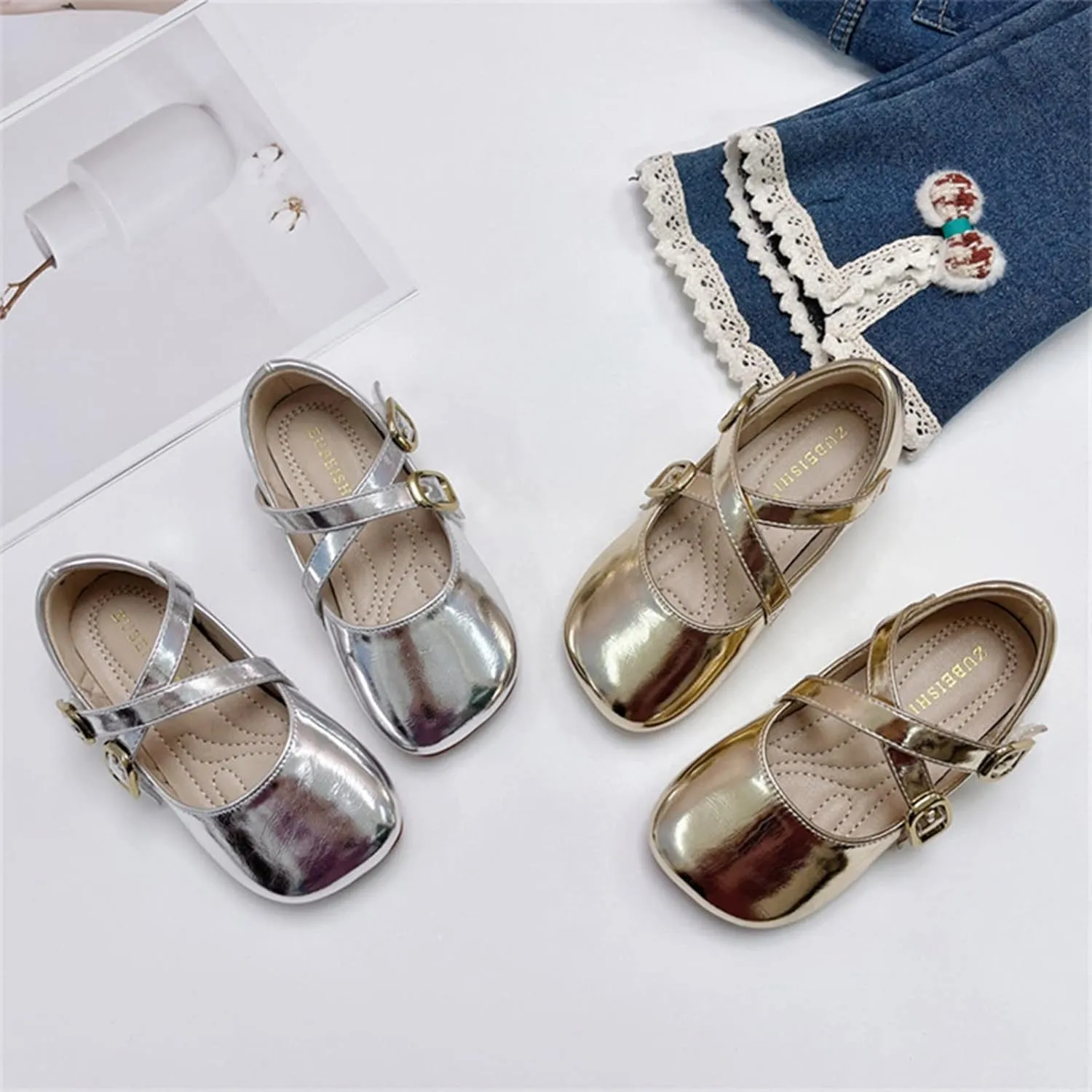 Children Shoes Fashion Leather Single Shoes Comfortable Soft Sole Single Shoes Kids Lightweight Shoes (Silver, 3.5-4 Years Toddler)