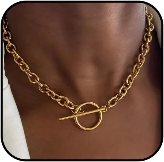 Chunky Gold Layered Necklace for Women Chunky Chain Necklace Stackable Toggle Choker Necklaces Paperclip Pendant Necklaces Outfit Accessories