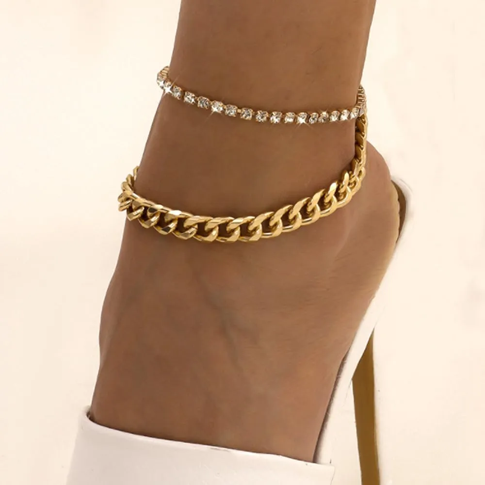 Chunky Layered Statement Anklets Set for Women,14K Gold Cuban Link Chain Rhinestone Anklets Bracelets Bohemian Beach Foot Jewelry Accessories