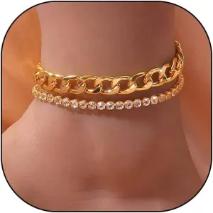 Chunky Layered Statement Anklets Set for Women,14K Gold Cuban Link Chain Rhinestone Anklets Bracelets Bohemian Beach Foot Jewelry Accessories