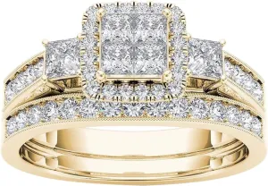 Classic Yellow Gold Plated Wedding Ring,Cubic Zirconia Inlaid Gemstone Rings for Her Diamond Anniversary Ring Jewelry Sets