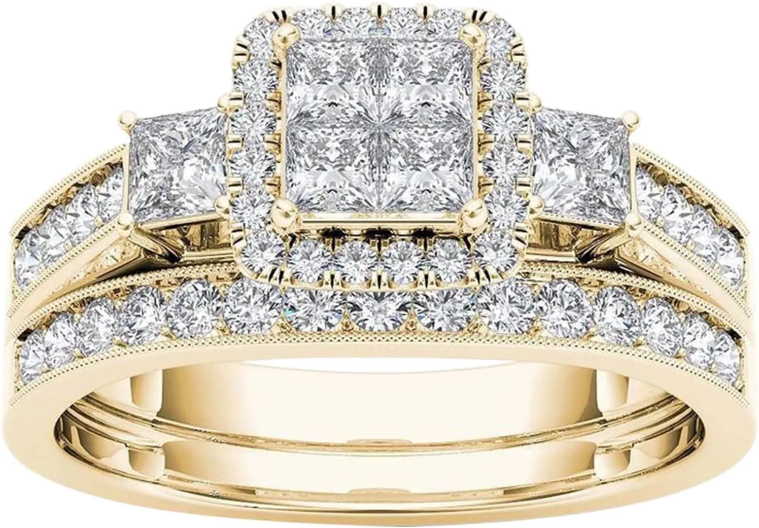 Classic Yellow Gold Plated Wedding Ring,Cubic Zirconia Inlaid Gemstone Rings for Her Diamond Anniversary Ring Jewelry Sets