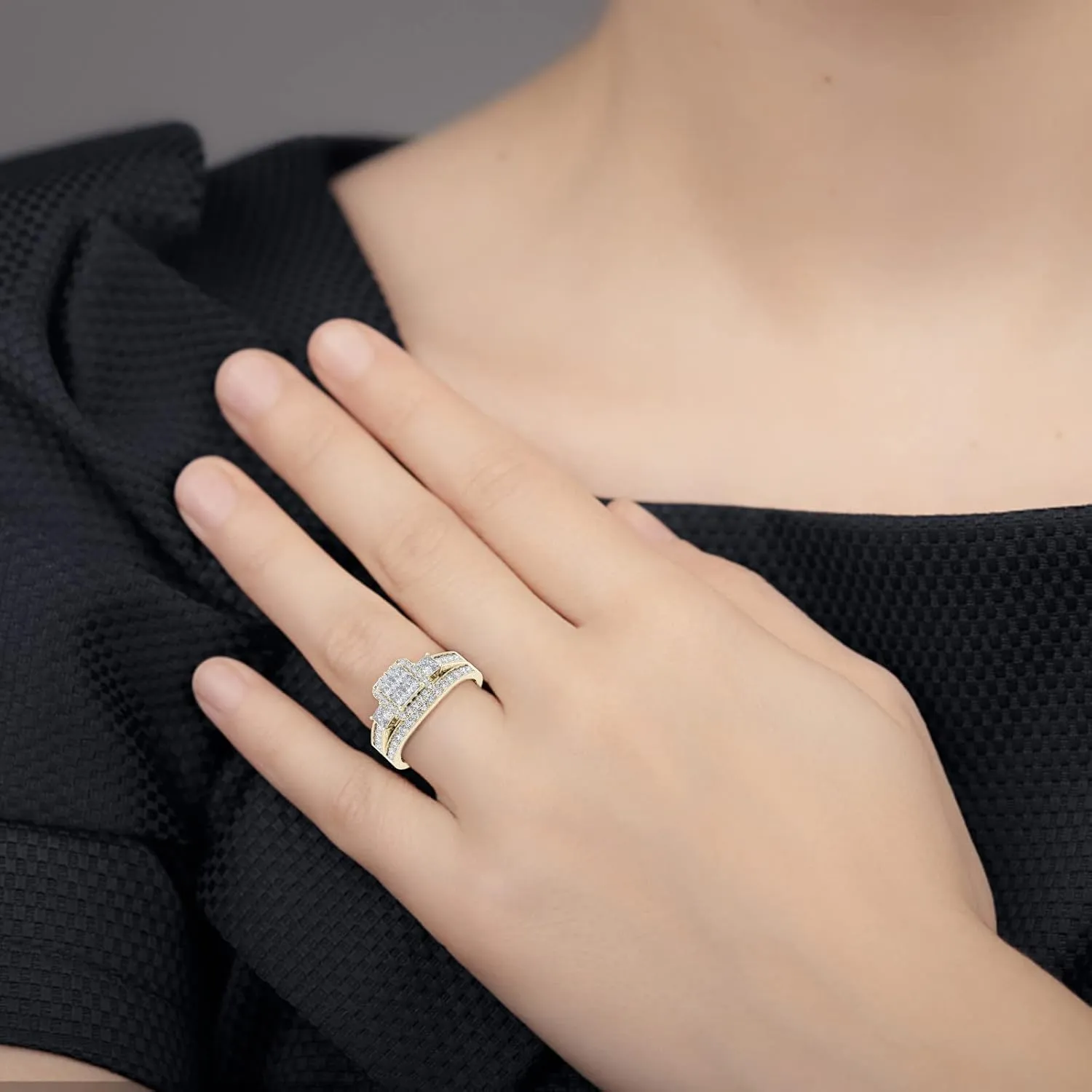 Classic Yellow Gold Plated Wedding Ring,Cubic Zirconia Inlaid Gemstone Rings for Her Diamond Anniversary Ring Jewelry Sets