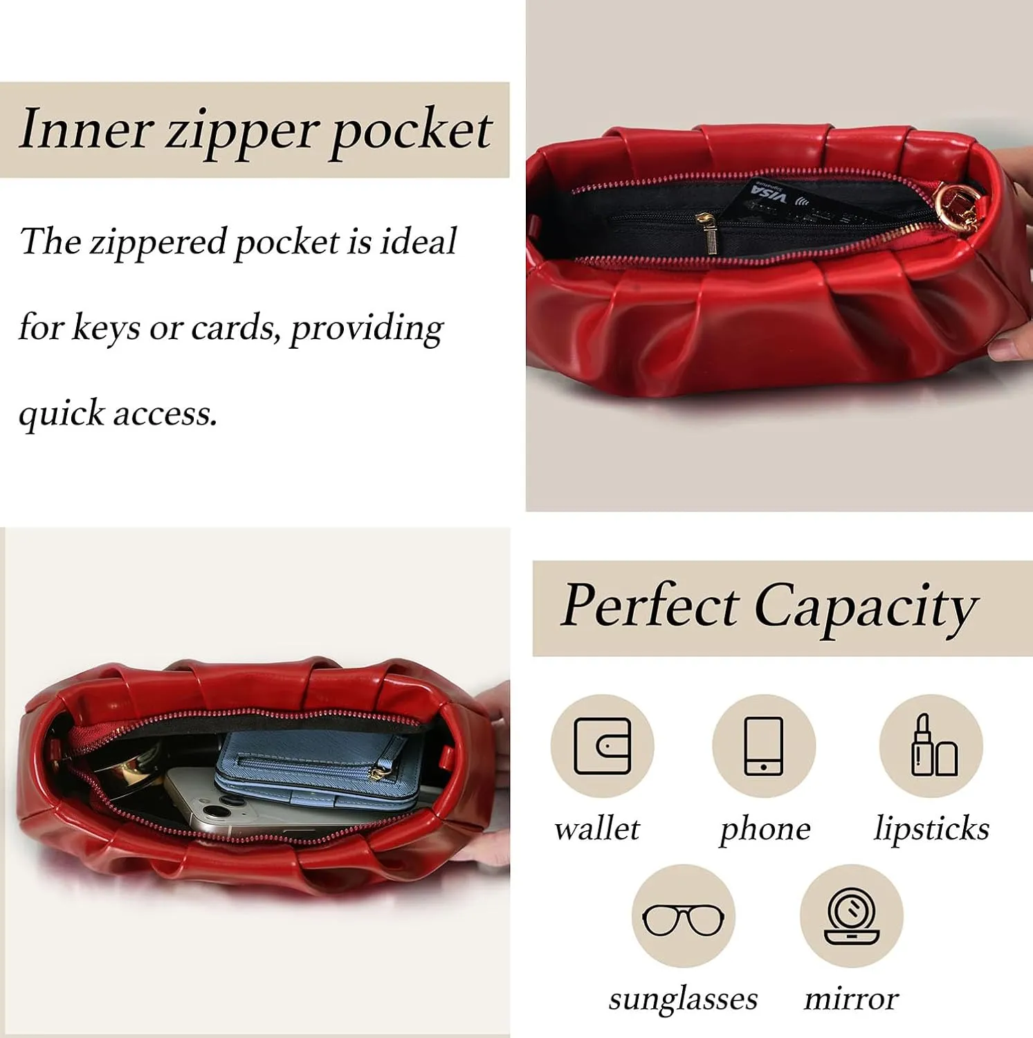 Clutch Purse for Women - Evening Small Shoulder Bag Anti Theft Removable Chain Adjustable Strap PU Handbag