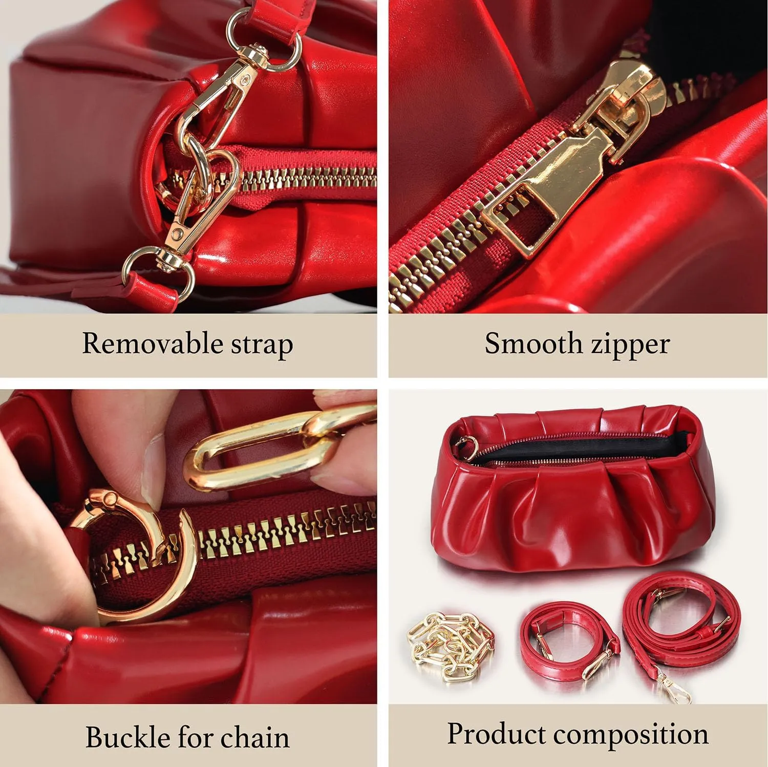 Clutch Purse for Women - Evening Small Shoulder Bag Anti Theft Removable Chain Adjustable Strap PU Handbag