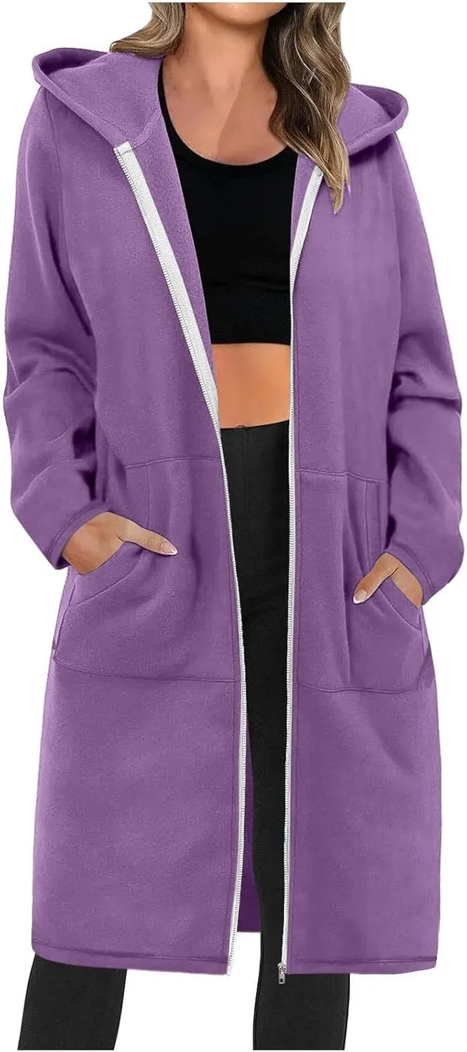 Coats for Women Zip Up Long Sleeve Oversized Hoodies Casual Lightweight Fleece Jackets with Pockets Outerwear