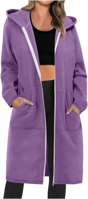 Coats for Women Zip Up Long Sleeve Oversized Hoodies Casual Lightweight Fleece Jackets with Pockets Outerwear
