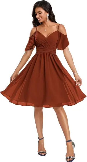 Cold Shoulder Bridesmaid Dresses with Sleeves Short Formal Dress for Women V Neck Evening Gown