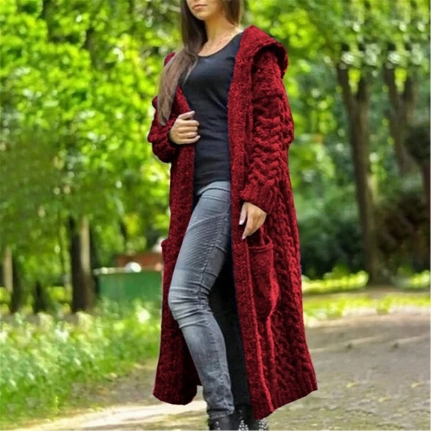 Corduroy Jacket Women Oversized Baggy Knit Sweater Tops Long Sleeve Hooded Cardigan Coat with Pockets