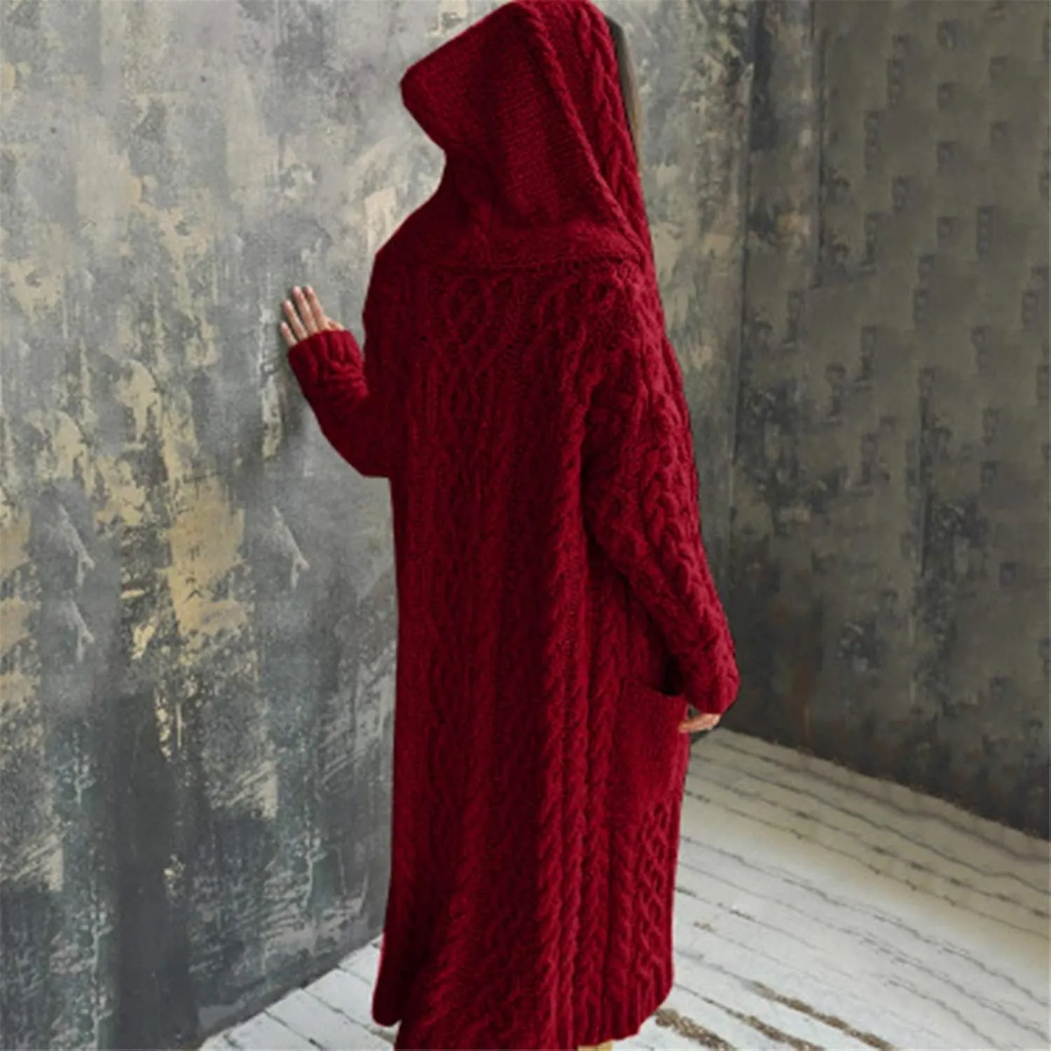Corduroy Jacket Women Oversized Baggy Knit Sweater Tops Long Sleeve Hooded Cardigan Coat with Pockets