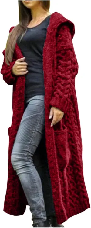 Corduroy Jacket Women Oversized Baggy Knit Sweater Tops Long Sleeve Hooded Cardigan Coat with Pockets