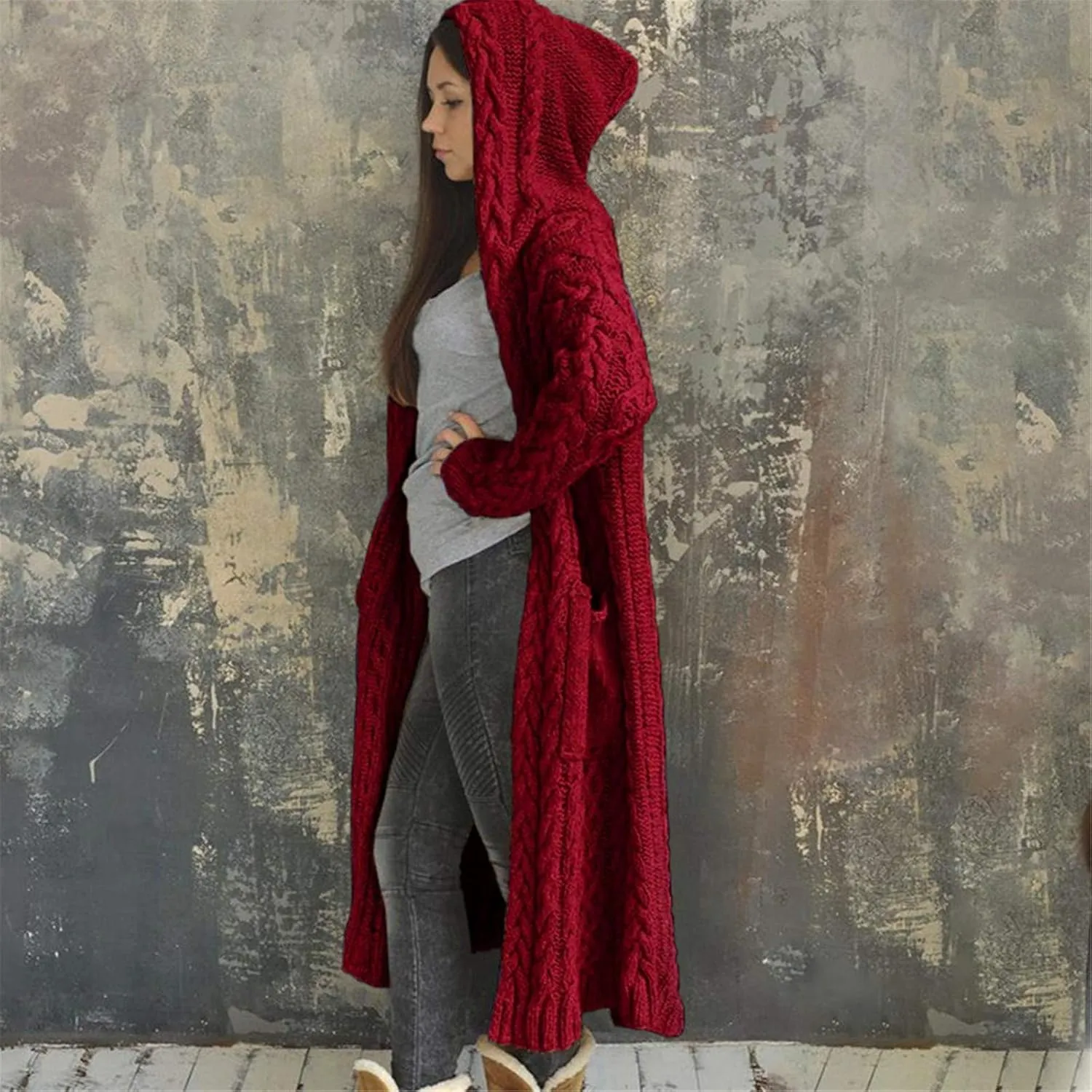 Corduroy Jacket Women Oversized Baggy Knit Sweater Tops Long Sleeve Hooded Cardigan Coat with Pockets