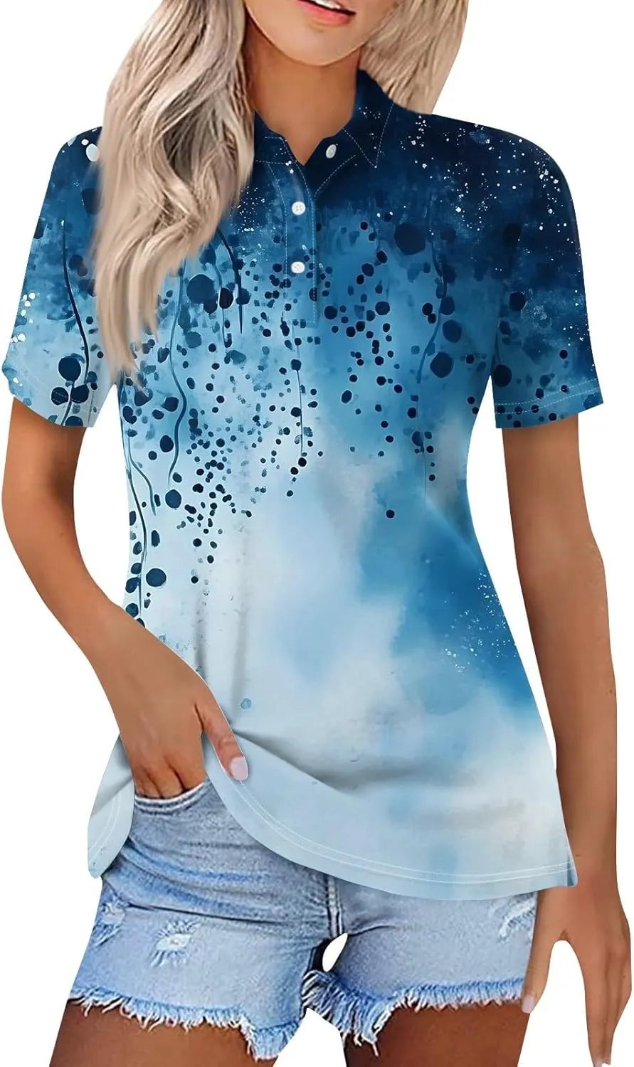 COTECRAM Womens Short Sleeve Polo T Shirts Fashion Button Lapel Collared Graphic Summer Tops Loose Business Casual Blouses