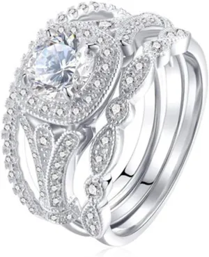 Cubic Zirconia Engagement Rings Wedding Band Round Cut 925 Silver Bridal Sets for Women Stacking Anniversary Ring
