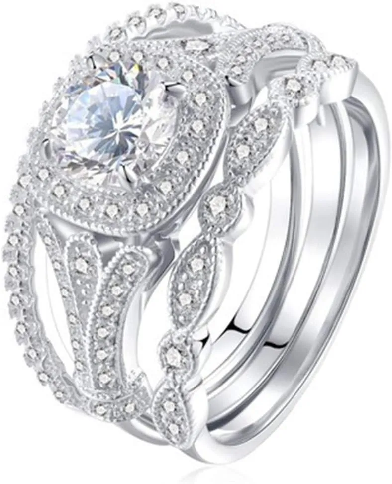 Cubic Zirconia Engagement Rings Wedding Band Round Cut 925 Silver Bridal Sets for Women Stacking Anniversary Ring