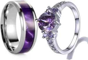 Custom Engraved Couple Rings Set Promise Rings for Him and Her Purple Matching Wedding Rings for Couples Black and Blue Titanium Rings for Men Wedding Band CZ Engagement Ring for Women,Size 5-13
