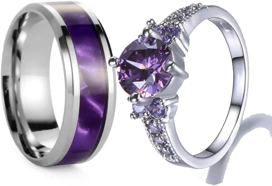 Custom Engraved Couple Rings Set Promise Rings for Him and Her Purple Matching Wedding Rings for Couples Black and Blue Titanium Rings for Men Wedding Band CZ Engagement Ring for Women,Size 5-13