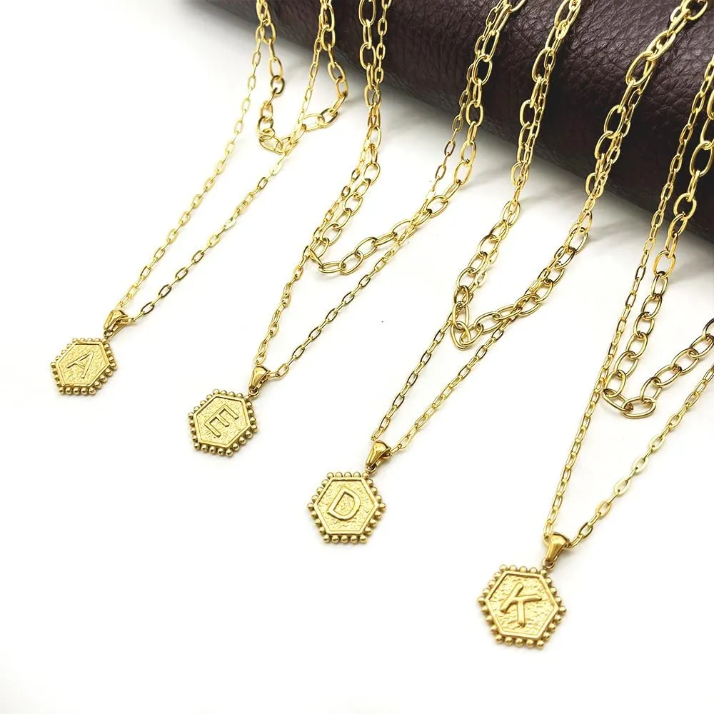 Dainty Gold Necklace for Women - 18K Solid Gold Over Layering Necklaces for Women Cute Hexagon Letter Initial Necklaces